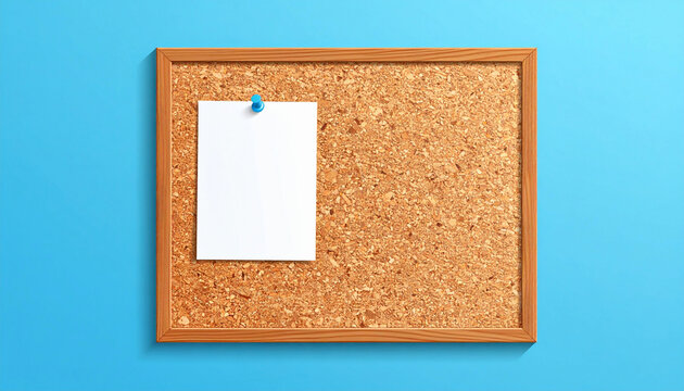 Blank white paper sheet pinned with a blue pushpin on a wooden-framed corkboard mounted on a solid blue wall.
