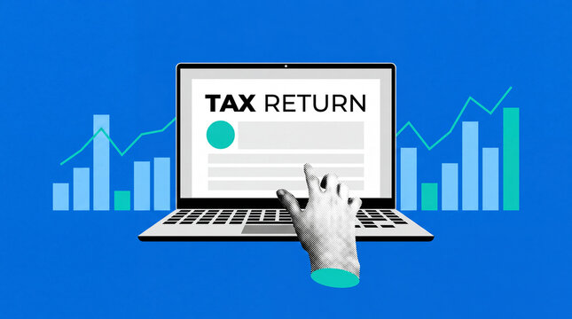 A laptop screen displaying "TAX RETURN" with a hand interacting, set against a backdrop of financial bar charts and a line graph.