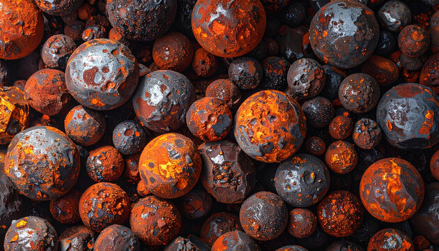 Spherical iron ore pellets and crushed metallic rocks covered in bright orange rust, varied textures ranging from raw metallic steel surfaces to heavily oxidized, pitted, and weathered iron oxide.