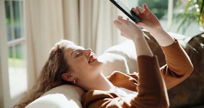 Relax, browse and woman on couch with phone, web search and online chat on social media. Unwind, happy and person in house with tech, internet scroll and digital communication on virtual platform.