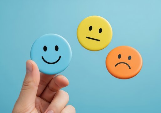 Hand holding a happy blue smiley face icon