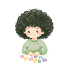 Fototapeta premium Girl with Curly Hair Arranging Flowers