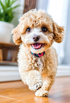 Happy cavapoo puppy running indoors with a joyful expression and open mouth on a wooden floor, the adorable domestic canine moves playfully on a polished wooden floor, its fluffy brown and white