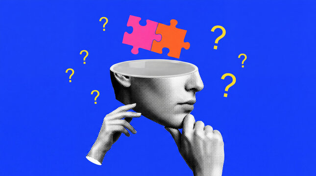 An abstract image representing thought process, with a head silhouette filled with puzzle pieces and surrounded by question marks.