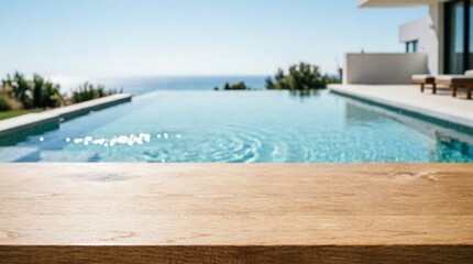 Fototapeta premium Wooden Table Top with Infinity Pool and Ocean View for Web Design