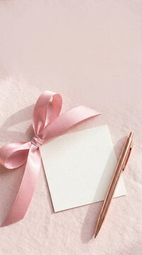 Elegant pink bow, blank invitation card and rose gold pen on soft fabric with copy space