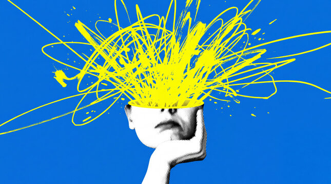 Abstract illustration of a head with an explosion of yellow lines and splatters representing creative thoughts and ideas.