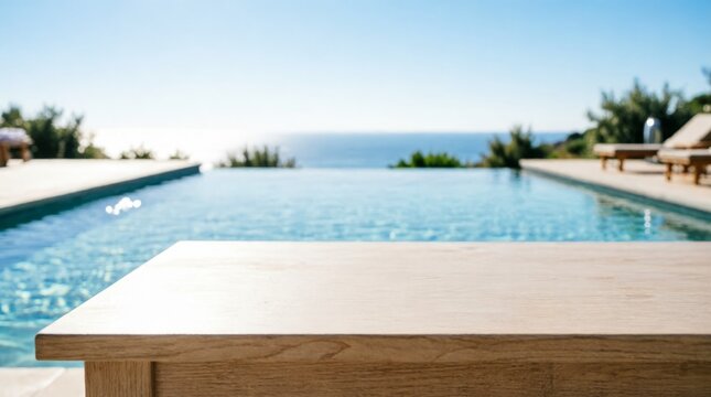 Wooden Table Top with Infinity Pool and Ocean View for Product Display