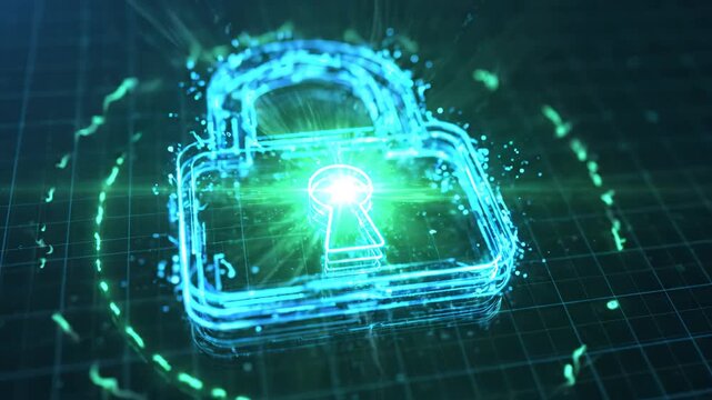 Holographic Digital Lock with Particle Effects on Grid Background &ndash; Cybersecurity Concept Animation