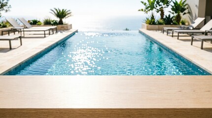 Fototapeta premium Luxury Pool with Ocean View and Wooden Tabletop for Web Design