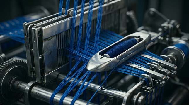 Close up of professional textile loom weaving blue synthetic fiber threads in industrial production