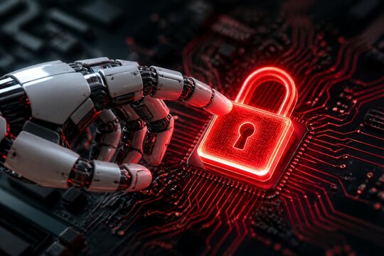 Robotic hand touching illuminated red padlock on circuit board