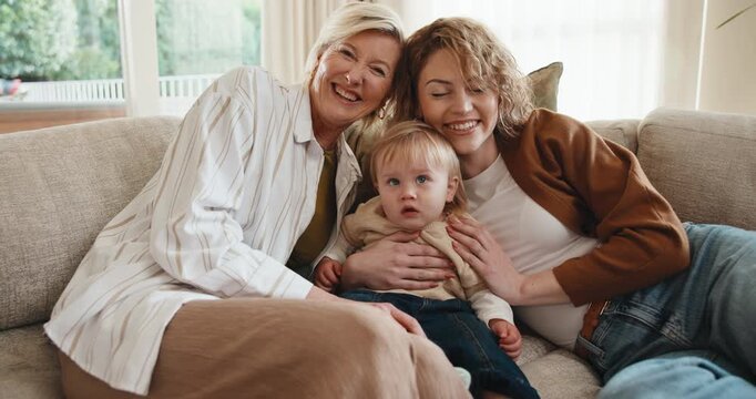 Face, family and smile at house with baby, love and parental support for bonding together. Portrait, grandmother and mother in home with toddler, generations and nuturing childcare for weekend break