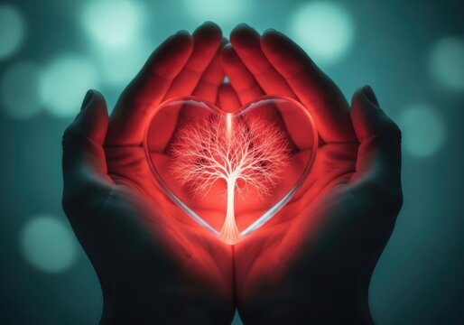 Hands holding a glowing heart with a tree