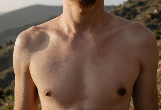 Bare chested man with visible goosebumps on skin, body temperature regulation and human physiology concept, Texture of human skin and the natural reaction of piloerection