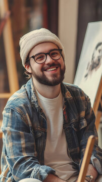 Portrait of a young happy painter smiling in his art studio, wearing a beanie, glasses and a denim jacket