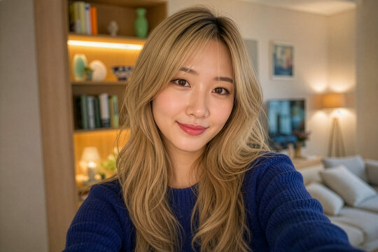Smiling Content Creator Filming a Cozy Home Vlog in Modern Living Room