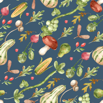 Autumn Harvest Pattern with Vegetables, Fruits & Forest Elements
A seamless autumn pattern featuring hand-painted harvest vegetables, fruits, mushrooms, grapes, acorns, leaves, berries, and botanical 