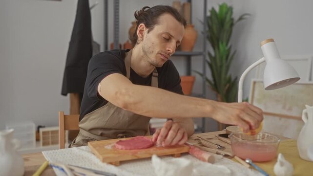 Man potter wearing apron presses sponge to pink clay on wooden board at studio worktable, hands shaping a disc with rollingpin nearby; calm concentration.