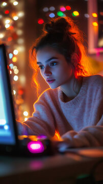 Concentrated female professional typing on laptop, bathed in warm Christmas light glow, capturing late-night work ambiance with festive home setting