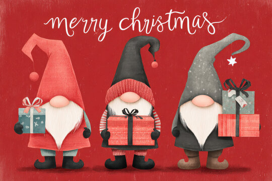 Cute Christmas Gnomes Holding Presents. Christmas-themed design featuring cute gnomes (Tomte or Nisse) holding wrapped gifts.