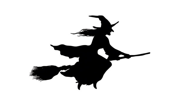 Silhouette of a witch flying on a broomstick against a white background