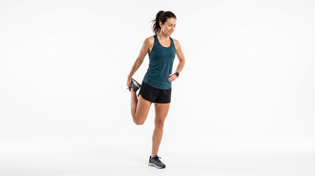 Woman runner stretching quadriceps on white background
