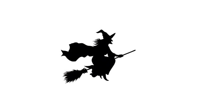 Silhouette of a witch on a broomstick flying in the night sky. The witch is wearing a pointed hat and a flowing cloak, and she is holding a broomstick in her hand