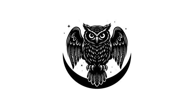 Vintage mystical owl illustration, black and white nocturnal bird emblem, occult owl with crescent moon and stars, hand drawn raptor mascot