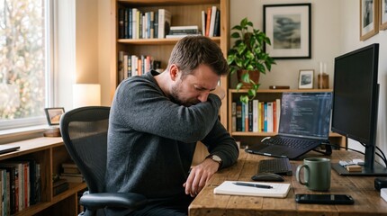Obraz premium Man coughing into elbow while working from home at desk with laptop and computer