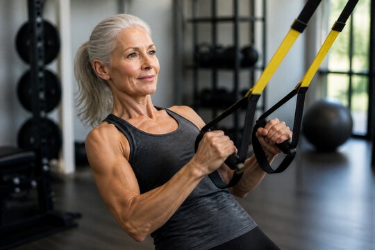 Mature woman performing trx row exercise in gym setting