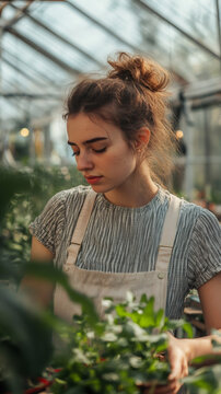Female gardener nurturing herbs and vegetables in a greenhouse, tending to plants with care and dedication for sustainable growth