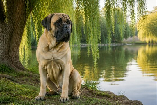 Large mastiff dog sitting by lakeside under willow tree