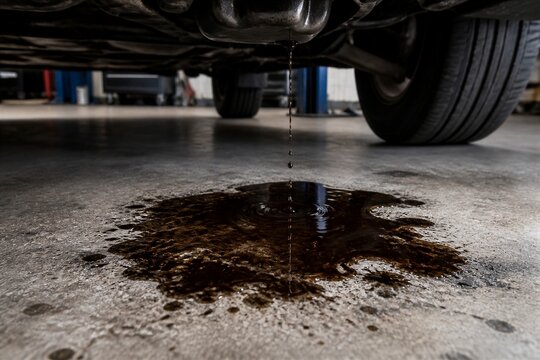 Car leaking oil droplet onto concrete garage floor