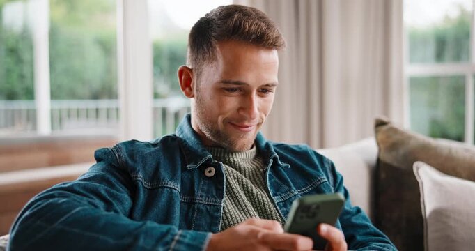 Text, smile and man on couch with phone, web search and online chat on social media app. Contact, reading and person in house with tech, internet browse and digital communication on virtual platform.