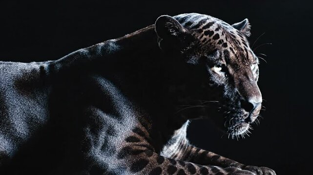 Powerful profile portrait of a black jaguar cat resting in darkness, sleek majestic animal, wildlife concept