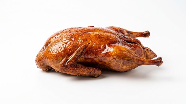 Whole Roasted Duck with Crispy Golden Brown Skin on White Background