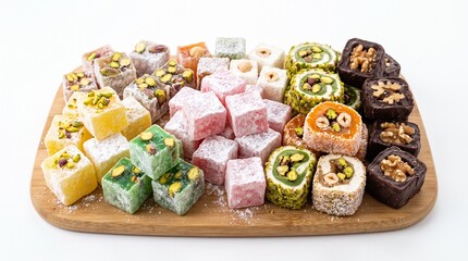 Fototapeta premium Assortment of Turkish Delight sweets with nuts and powdered sugar on a wooden board