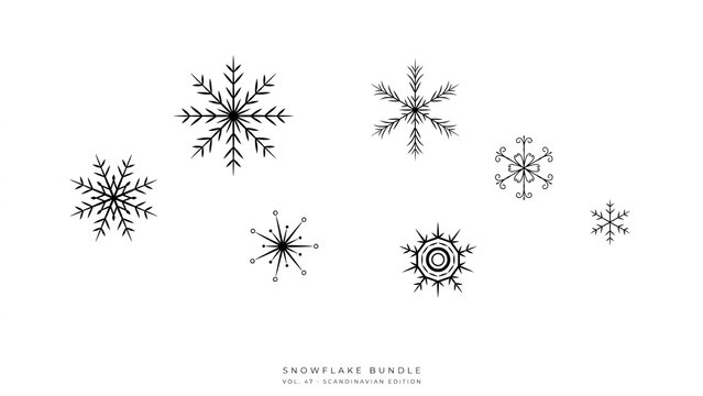 Set of black snowflake in a minimalist scandinavian style isolated on a transparent background