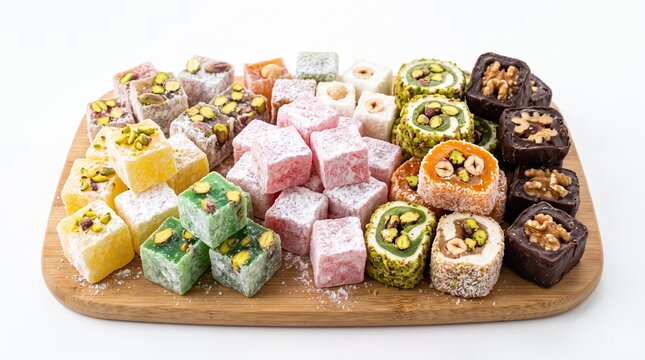 Assortment of Turkish Delight sweets with nuts and powdered sugar on a wooden board