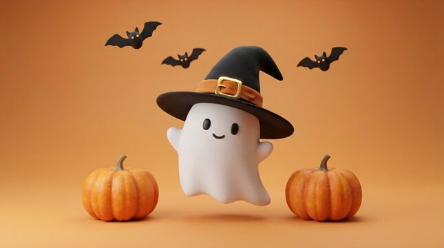 A cute cartoon ghost wearing a pointed witch hat floating between two orange pumpkins