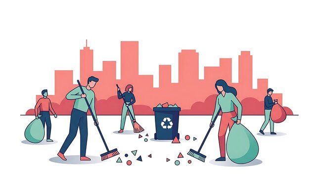 Group of diverse volunteers cleaning city streets with brooms and garbage bags for environmental protection vector illustration
