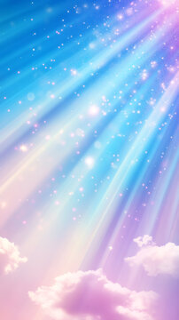 Soft pastel light rays piercing wispy clouds, sparkling glitter particles floating, generating ethereal dreamlike visual ambiance