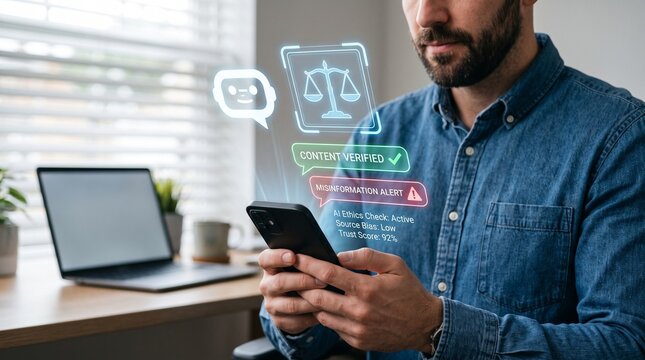 AI chatbot content moderation and ethical communication. man using smartphone with ai chatbot and digital ethics for legal balance and responsible conversation in artificial intelligence communication