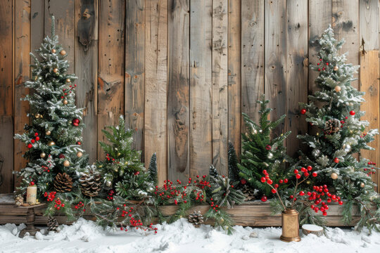 Photo studio setup of wooden panel wall with christmas trees and decoration.