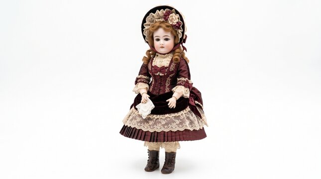 Antique French bisque doll in detailed Victorian era dress holding a lace handkerchief