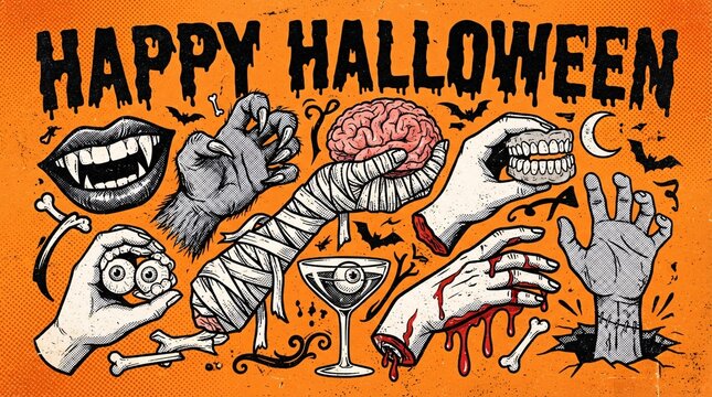 A vibrant orange background features a vintage style collection of spooky Halloween illustrations