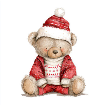 Cute Watercolor Christmas Teddy Bear On White Background. Hand-painted watercolor teddy bear sitting and dressed in cozy red and white Christmas outfit and Santa hat.