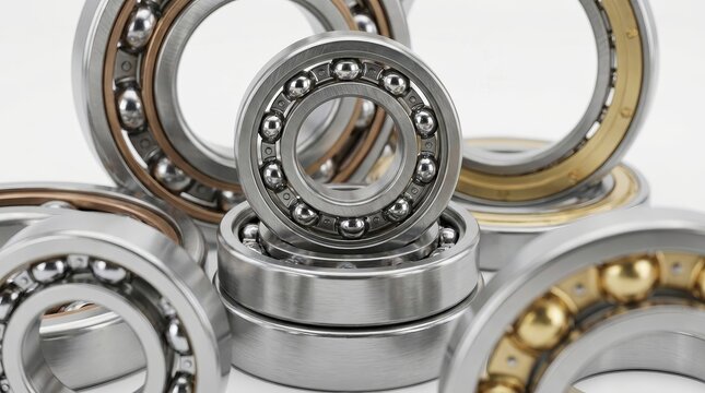 Collection of different sized and colored ball bearings in silver and gold tones.