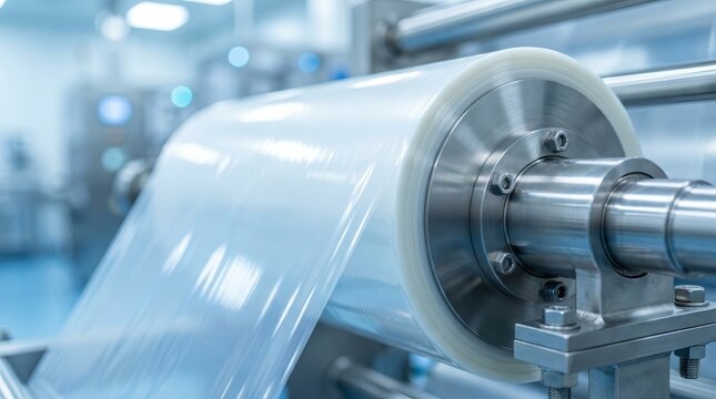Industrial machine with a roll of polyethylene plastic wrapping film in a factory setting.